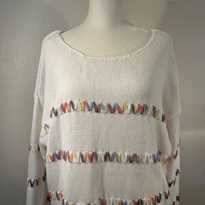 Christopher Banks Multi Color Embroidered Stripe White Knit Sweater Large